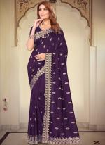 Vichitra Blooming Purple Wedding Wear Embroidery Work Saree